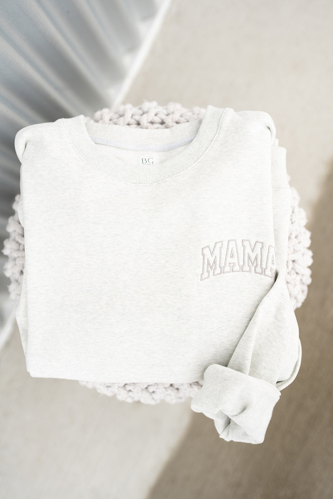 Pocket Placement "MAMA" Drop Shoulder Crewneck - HEATHER GRAY