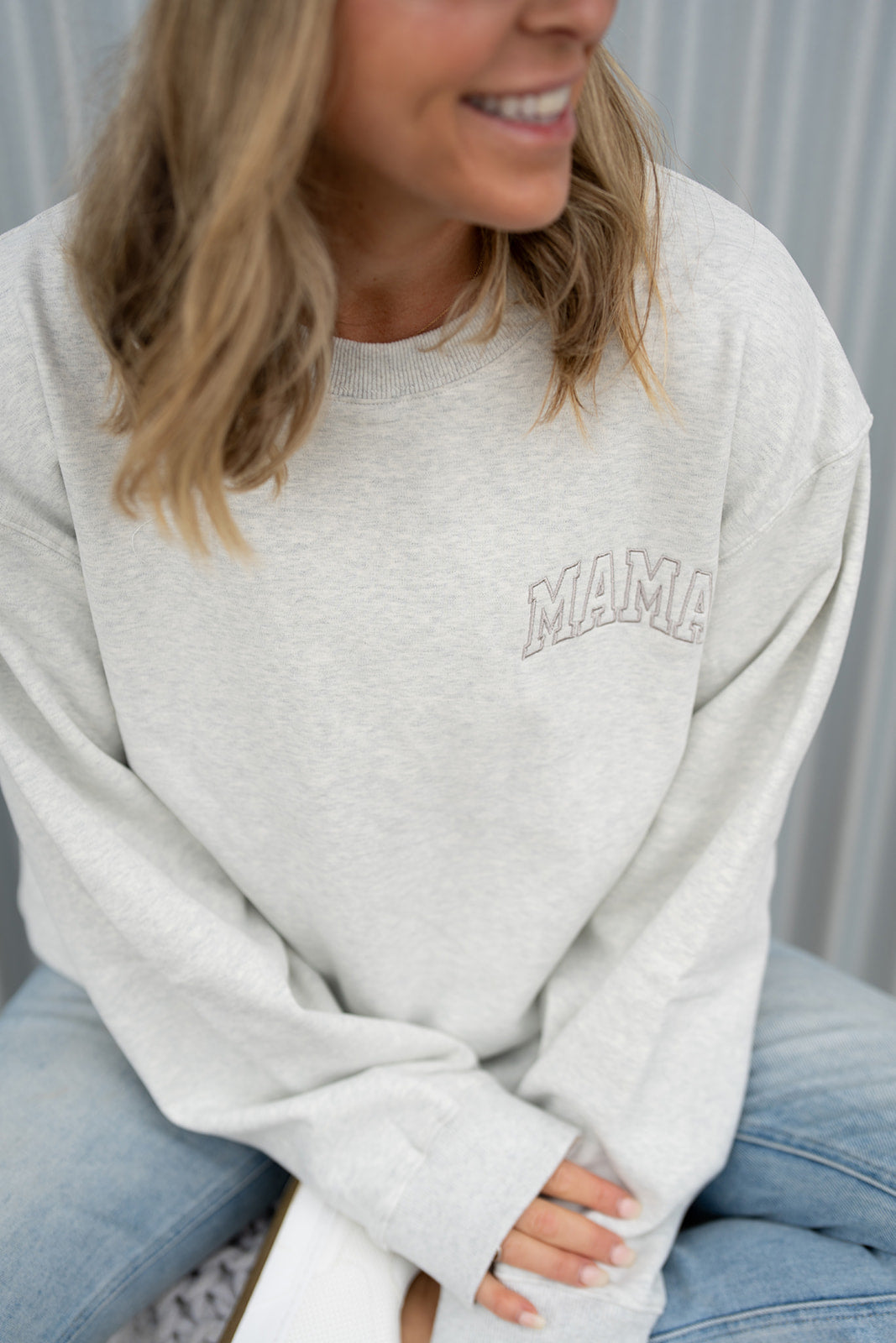 Pocket Placement "MAMA" Drop Shoulder Crewneck - HEATHER GRAY