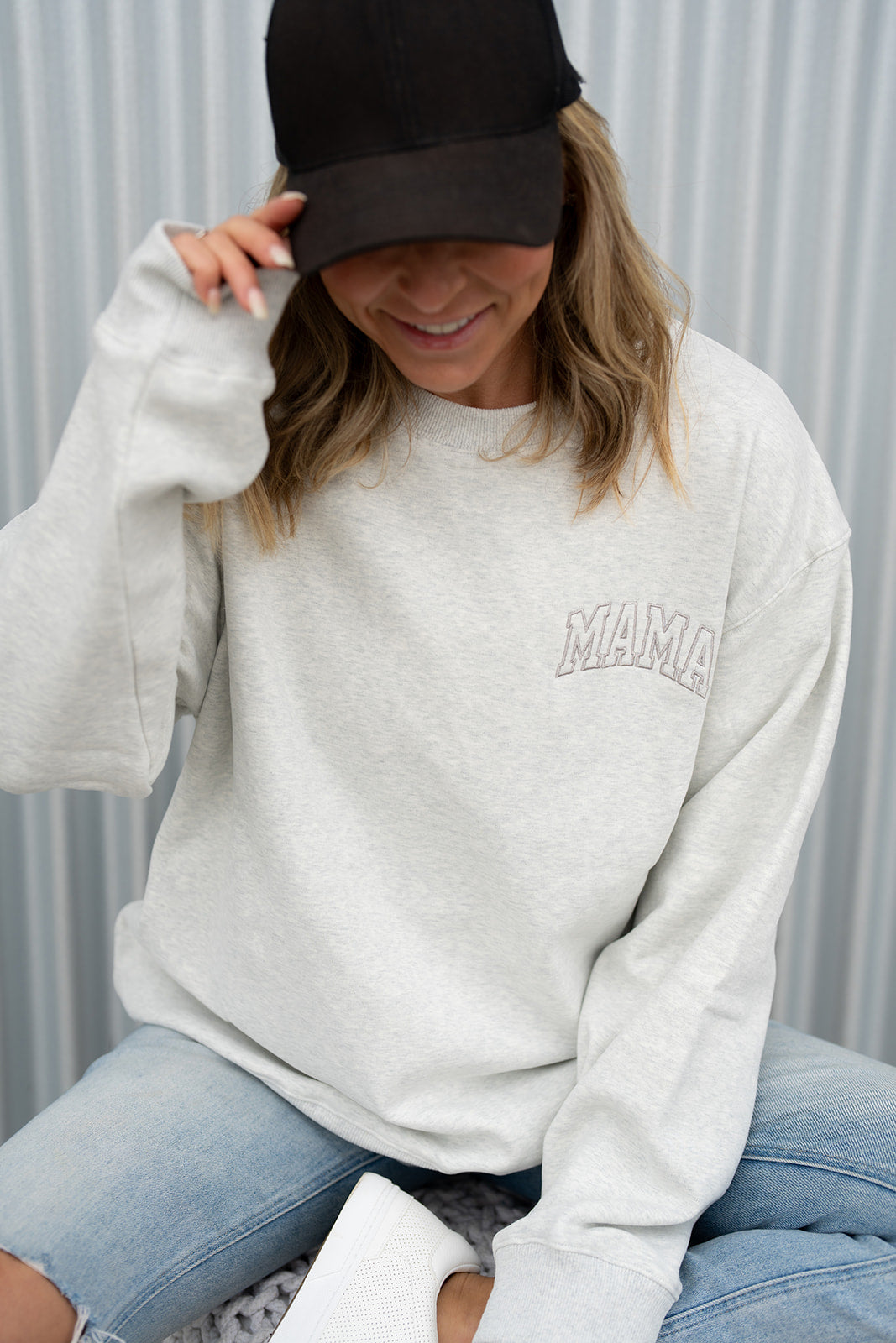 Pocket Placement "MAMA" Drop Shoulder Crewneck - HEATHER GRAY
