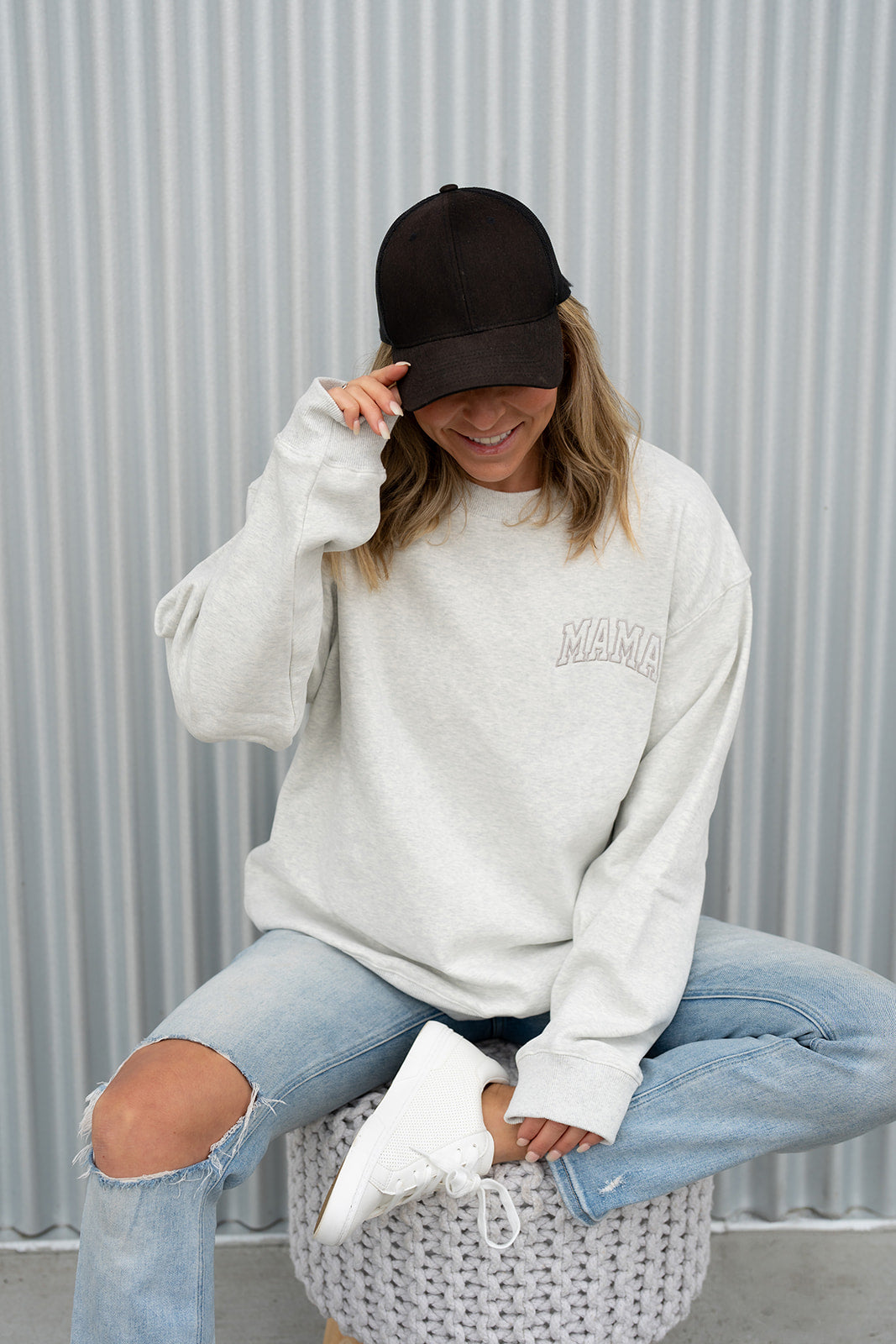 Pocket Placement "MAMA" Drop Shoulder Crewneck - HEATHER GRAY