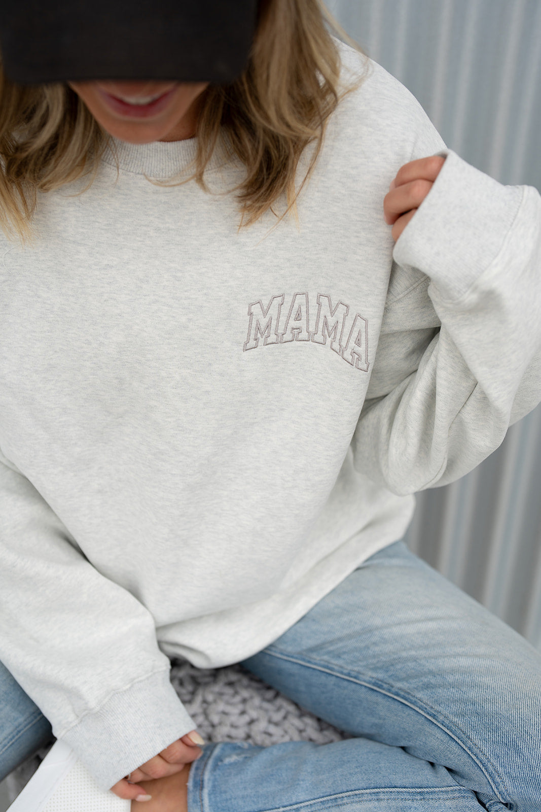 Pocket Placement "MAMA" Drop Shoulder Crewneck - HEATHER GRAY