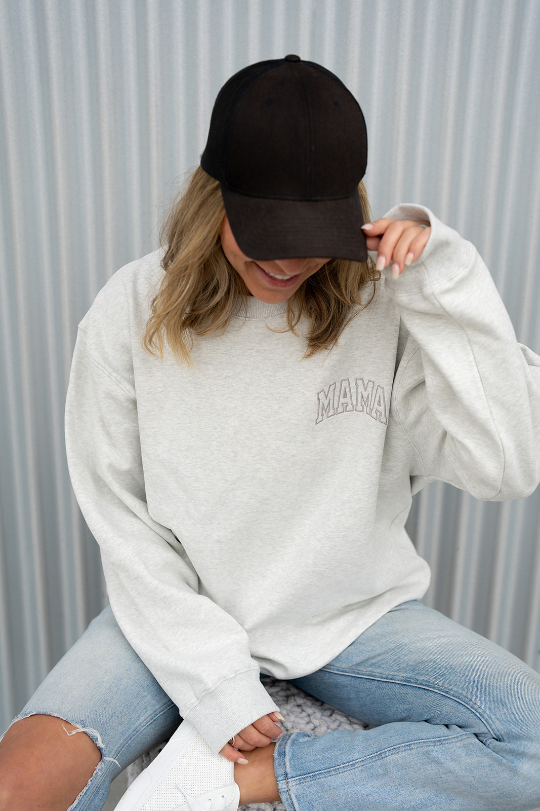 Pocket Placement "MAMA" Drop Shoulder Crewneck - HEATHER GRAY