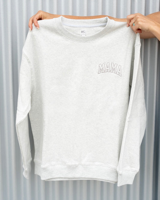 Pocket Placement "MAMA" Drop Shoulder Crewneck - HEATHER GRAY