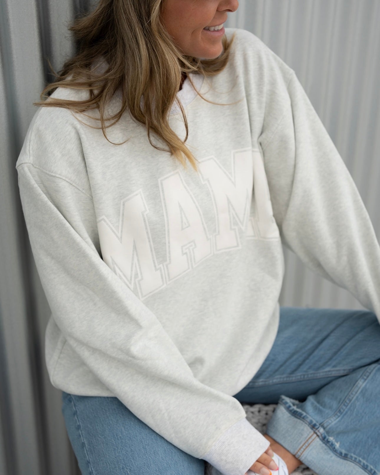 MAMA Drop Shoulder Crew - White Suede Foam Heather Gray