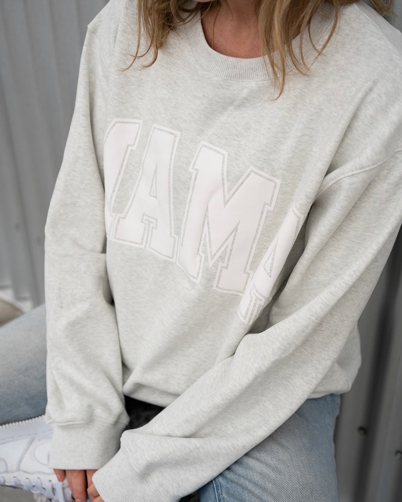 MAMA Drop Shoulder Crew - White Suede Foam Heather Gray