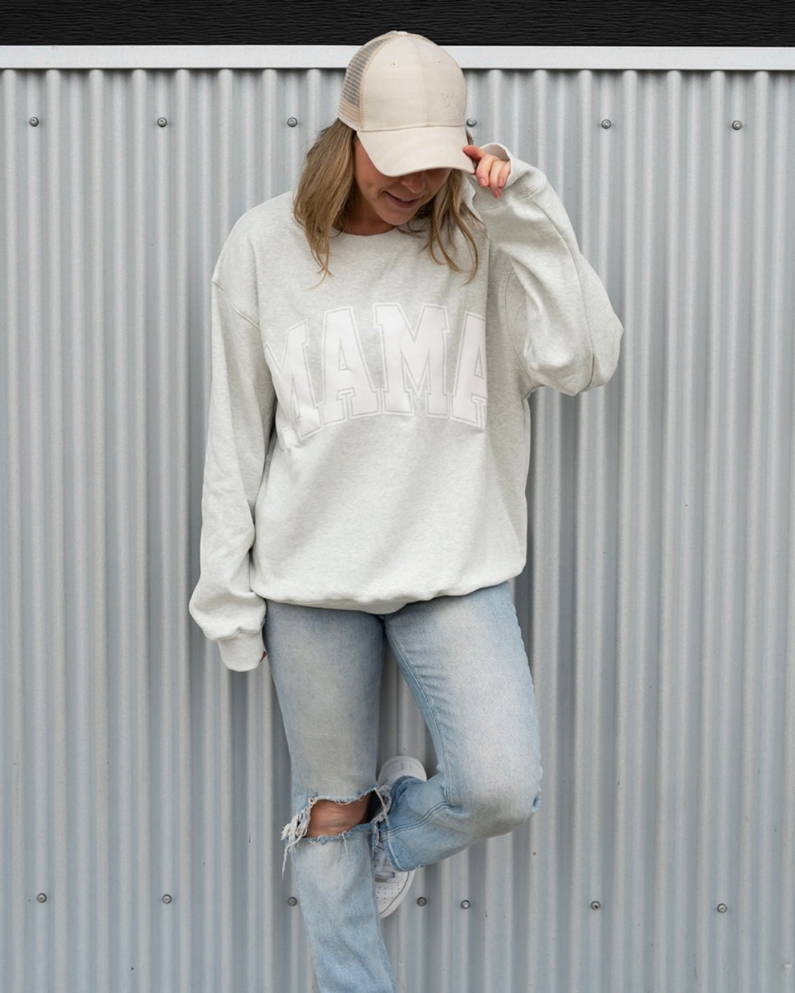 MAMA Drop Shoulder Crew - White Suede Foam Heather Gray